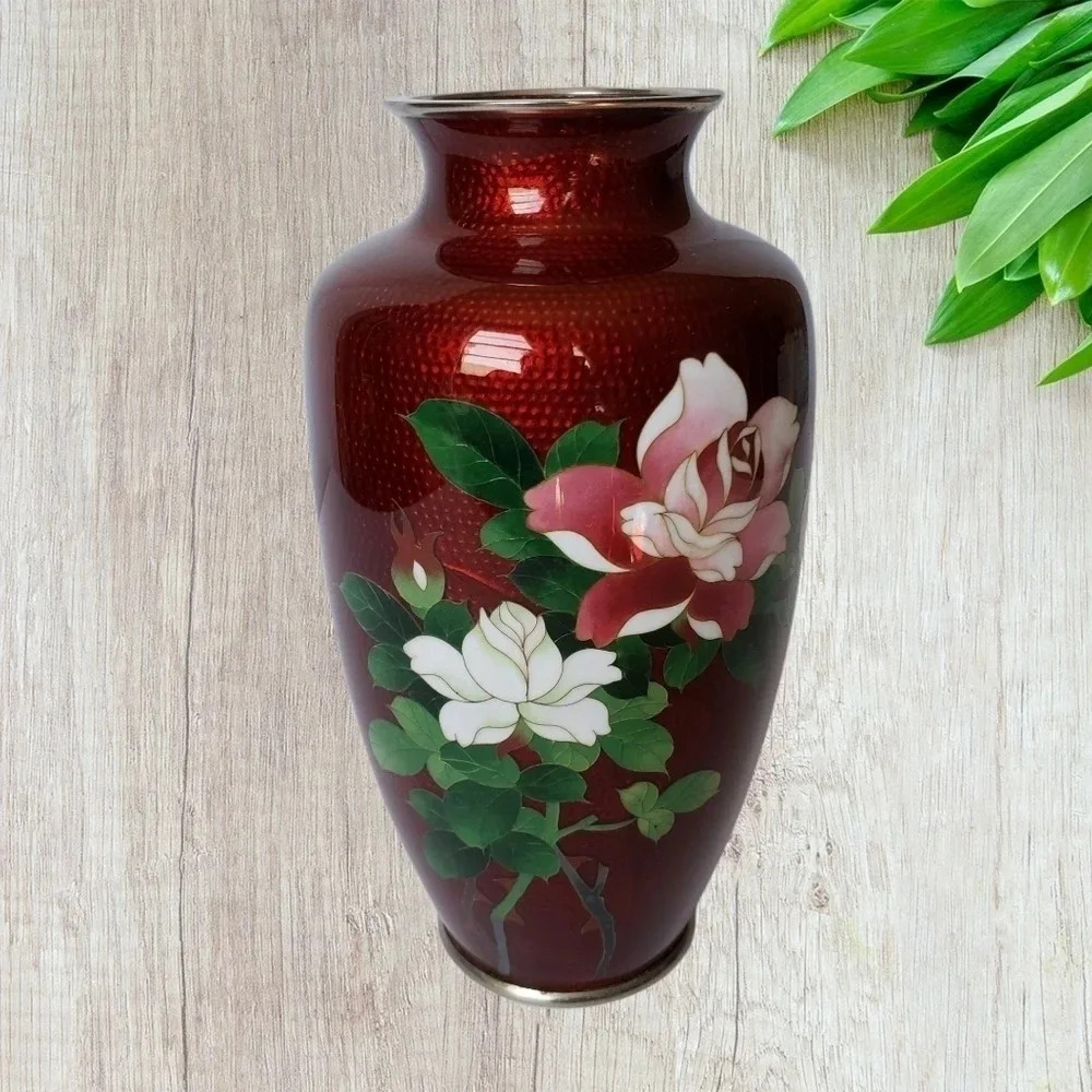 JAPANESE cloisonne vase with crimson rose lovely red